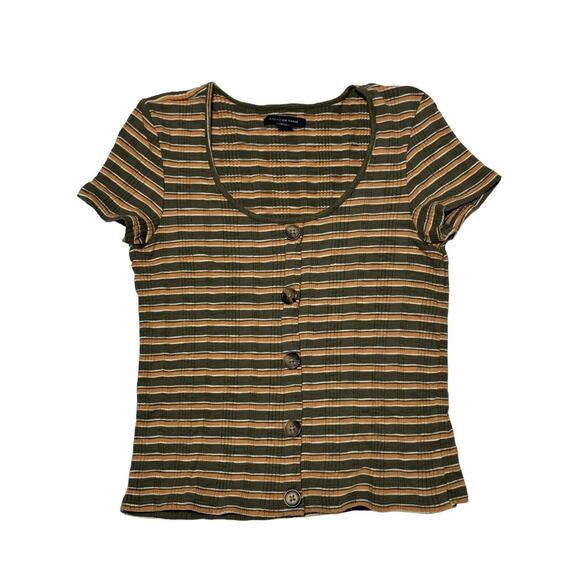 American Eagle Cropped Ribbed Striped Button Down Shirt Small Green Orange - Picture 1 of 6